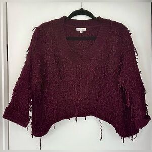 Woven Heart Deep Wine/ Dark Burgundy Textured Cropped Fringe Sweater Size M